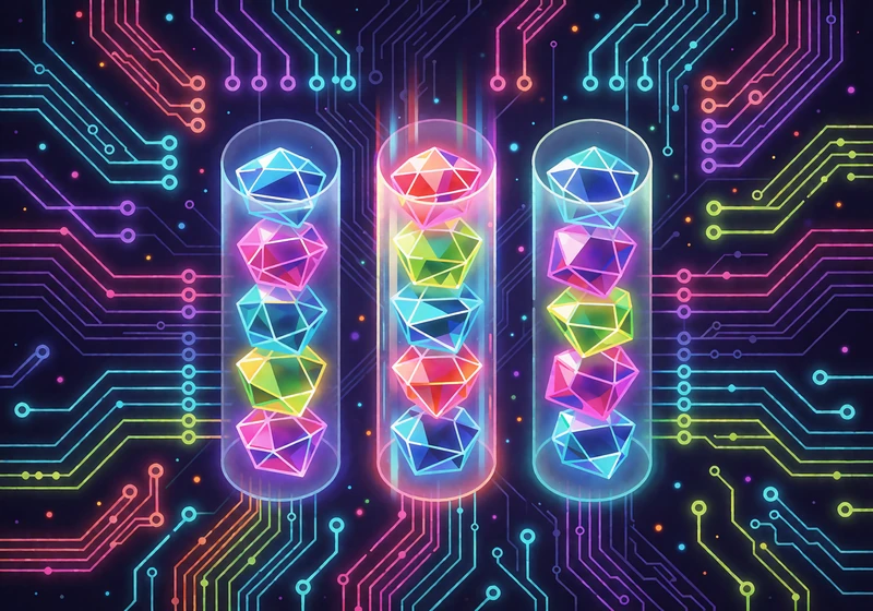 Trzy szklane kolumny z neonowymi kryształami - ilustracja kategorii slot&oacute;w w kasynie kryptowalutowym Thrill